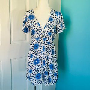 Blue & White Bold Floral Boho Summer Mini Dress (size S)
